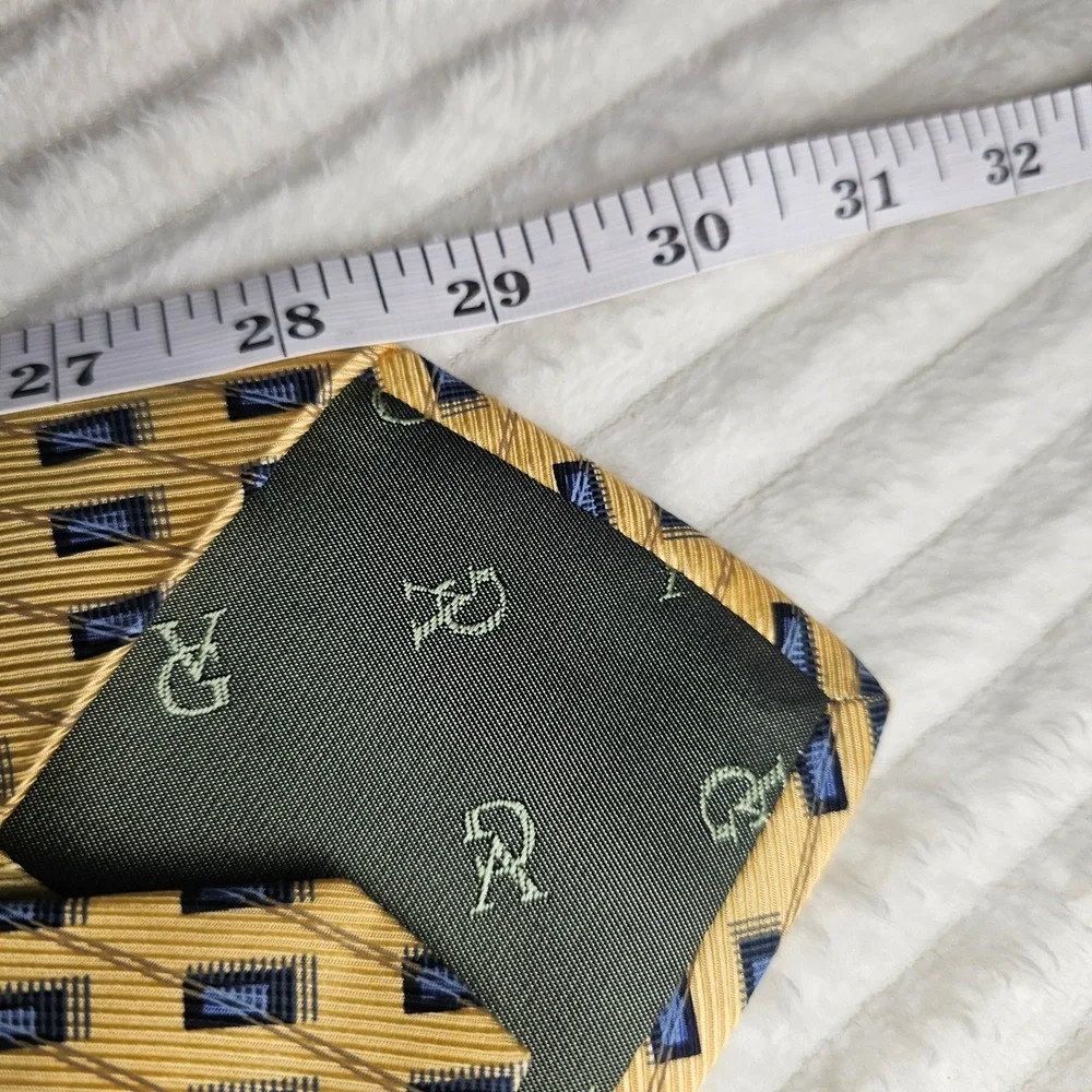 Valerio Garati Mens 100% Silk Geometric Tie Gold Blue Black 59in Handmade